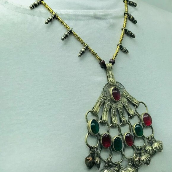 Pendant Necklace, Tribal Big Pendant With Red and Green Glass Stones and Beaded - Picture 2 of 11